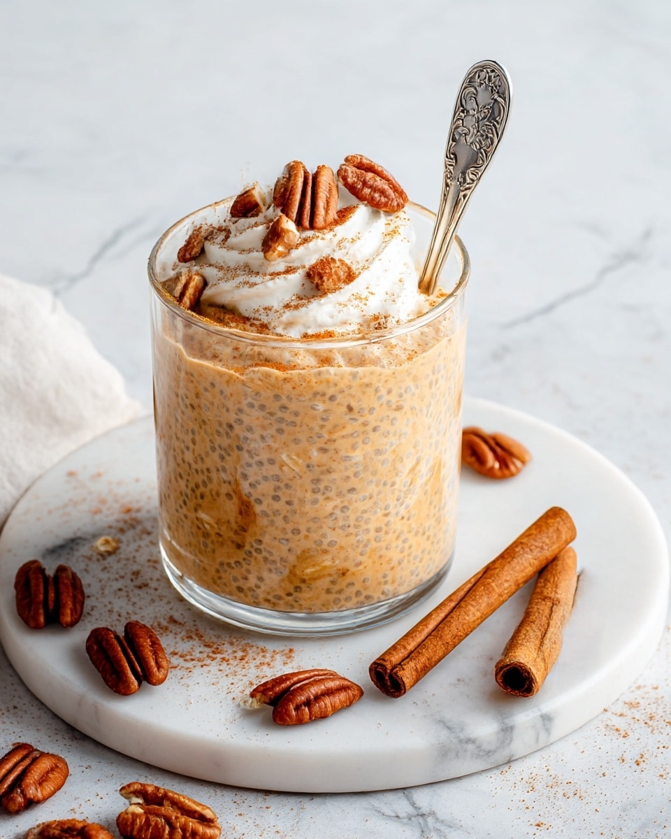 A clear glass cup filled with a thick, orange-beige mixture dotted with small chia seeds, topped with a dollop of white whipped cream and scattered brown pecan pieces, with a vintage silver spoon placed inside the cup; the cup sits on a round white plate with a white marbled texture surface, surrounded by whole cinnamon sticks and more pecan nuts scattered around. Photo taken with an iphone --ar 4:5 --v 7