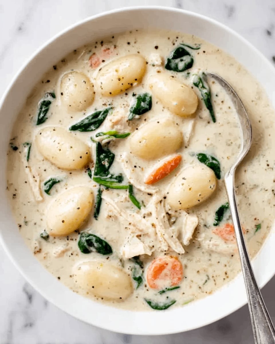 The image shows a white bowl filled with creamy soup that has a thick, smooth texture. There are several small, round, light yellow gnocchi floating on top. Visible within the soup are pieces of shredded white chicken, thin orange carrot slices, and small green spinach leaves scattered throughout. Black pepper flecks are sprinkled on the surface of the soup, adding a bit of contrast. A silver spoon rests inside the bowl on the right side. The bowl sits on a white marbled surface. Photo taken with an iphone --ar 4:5 --v 7