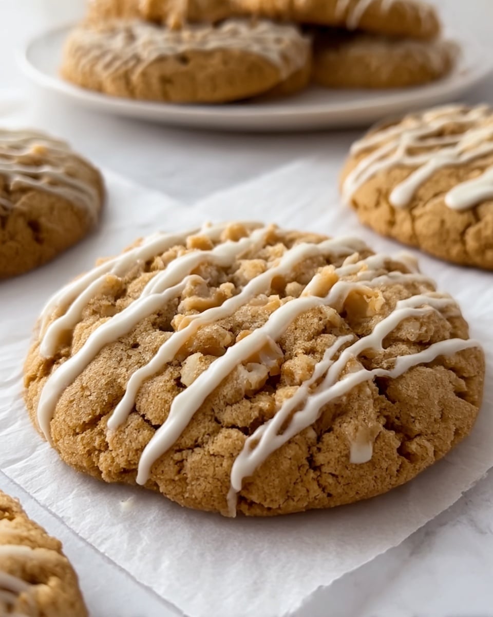 The image shows a close-up of large, round cookies with a soft, crumbly texture in light brown color. Each cookie has small chunks inside, creating a slightly rough surface. The top of the cookies is drizzled with thin, white icing in uneven lines. The cookies are placed on white parchment paper over a white marbled surface. In the background, there is a white plate holding more cookies, slightly blurred. The focus is on the front cookie with clear texture and icing detail. Photo taken with an iphone --ar 4:5 --v 7