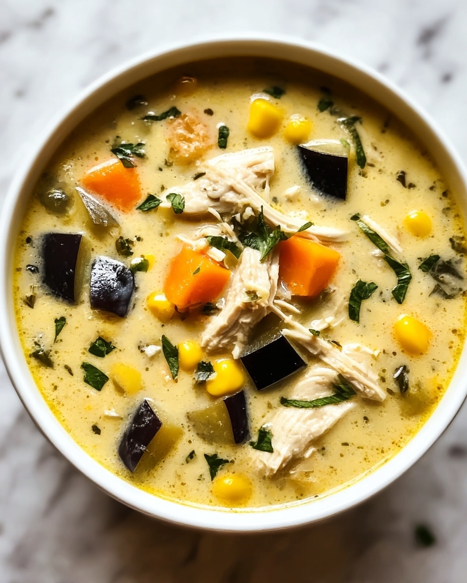 A white bowl filled with creamy chicken soup showing multiple layers: shredded white chicken pieces, bright orange carrot chunks, yellow corn kernels, and dark green pepper slices evenly mixed in a light, creamy yellow broth with small green herbs sprinkled throughout, garnished with fresh parsley leaves on top. The bowl is placed on a white marbled surface with a few parsley leaves around. Photo taken with an iphone --ar 4:5 --v 7
