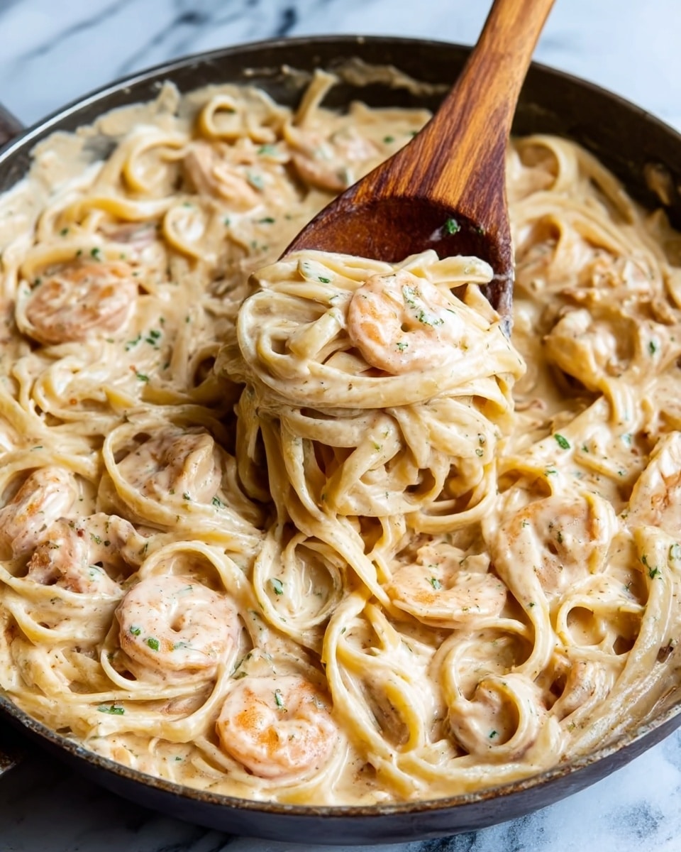 A close-up view of a pan filled with creamy pasta mixed with shrimp. The pasta is long and thick, coated with a light beige creamy sauce that has visible bits of herbs and spices. The shrimp are pink-orange and scattered evenly throughout the dish, giving a nice contrast to the sauce and pasta. A wooden spoon is lifting some pasta and shrimp out of the pan, showing the texture and thickness of the sauce. The pan is placed on a surface with a white marbled texture. Photo taken with an iphone --ar 4:5 --v 7