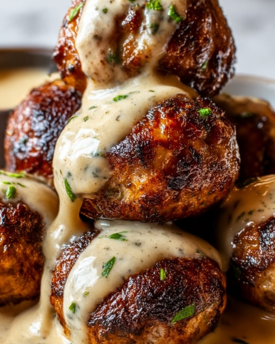The close-up image shows several golden-brown meatballs stacked closely together, each covered with a creamy light yellow sauce dripping down the sides. The meatballs have a slightly crispy and textured surface with bits of green herbs visible on top. The sauce has a smooth, velvety texture with specks of black pepper. The background is a white marbled texture. photo taken with an iphone --ar 4:5 --v 7
