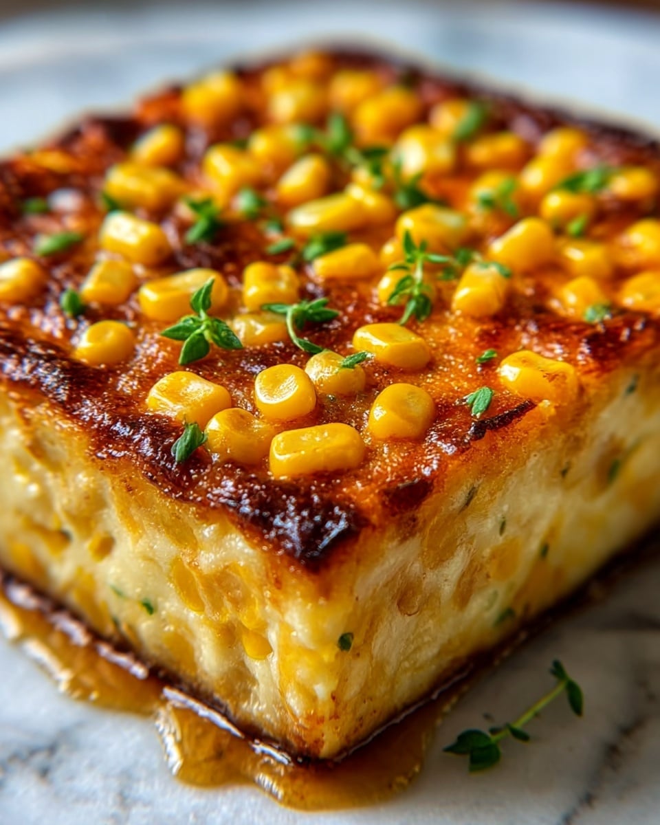 A close-up of a square slice of corn pudding with two visible layers; the bottom layer is thick and creamy with a light yellow color and chunks of corn embedded inside, while the top layer is a caramelized, dark golden brown crust scattered evenly with bright yellow corn kernels and small shoots of green herbs. The pudding is served on a white marbled textured surface, with the glossy caramelized topping creating a slight drip down the side. The texture varies from smooth and soft inside to crunchy and slightly burnt on top, giving a rich and comforting look. Photo taken with an iphone --ar 4:5 --v 7