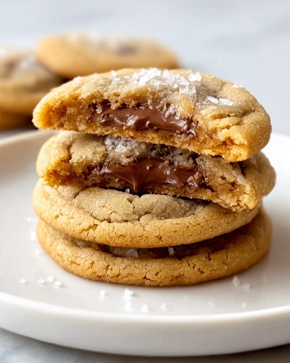 A stack of three soft cookies sits on a white plate, each cookie golden brown with visible cracks on the surface, showing a gooey melted chocolate center in the middle layer. The top cookie is partially bitten, revealing the dark, melted chocolate layer inside. Coarse salt crystals are sprinkled on top of the top cookie, adding a slight texture contrast. The background is a white marbled texture. Photo taken with an iphone --ar 4:5 --v 7