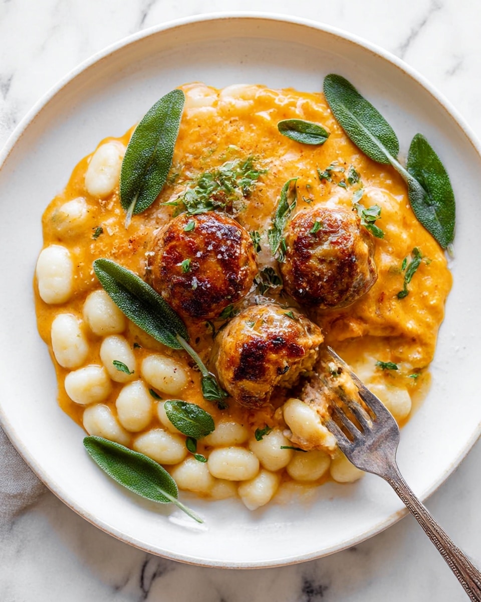A white plate with a white marbled surface underneath holds three browned meatballs placed on top of a creamy orange sauce. The sauce covers a layer of small white gnocchi arranged at the base in a circular pattern. Fresh green herb leaves are scattered on the meatballs and sauce. A silver fork is resting on the right side of the plate, with some gnocchi and sauce on its prongs. Photo taken with an iphone --ar 4:5 --v 7