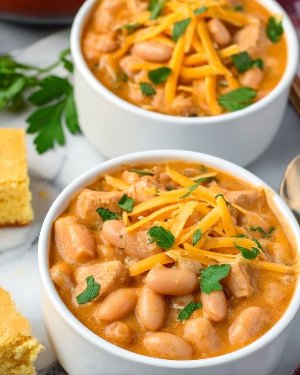 A close-up view of a white pot filled with a creamy stew containing white beans, chunks of soft orange sweet potato, and shredded yellow cheese scattered on top along with small green parsley leaves for garnish; in the background, another similar pot is visible, and a square piece of cornbread is placed next to fresh green parsley on a white marbled surface. photo taken with an iphone --ar 4:5 --v 7