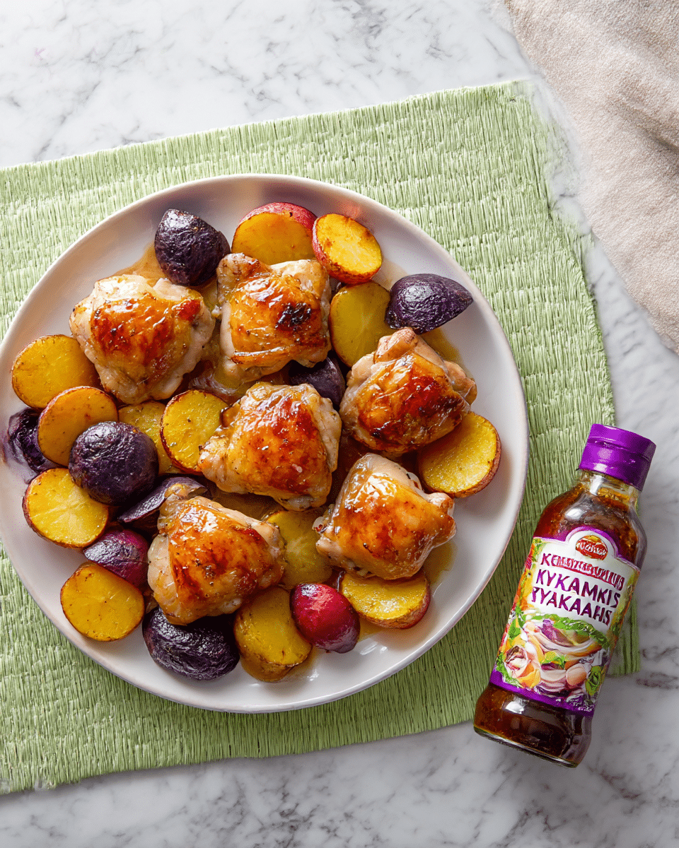 The image shows a white plate with six roasted chicken thighs as the main focus, each piece having a shiny, golden-brown skin with some darker glazed spots on top. Around the chicken are irregularly cut roasted potato wedges in yellow and red colors, slightly browned and crispy at the edges. The plate sits on a green cloth napkin with chopsticks on the side, and next to the plate on a white marbled surface is a purple-capped bottle of Kikkoman Roasted Garlic Teriyaki sauce. photo taken with an iphone --ar 4:5 --v 7