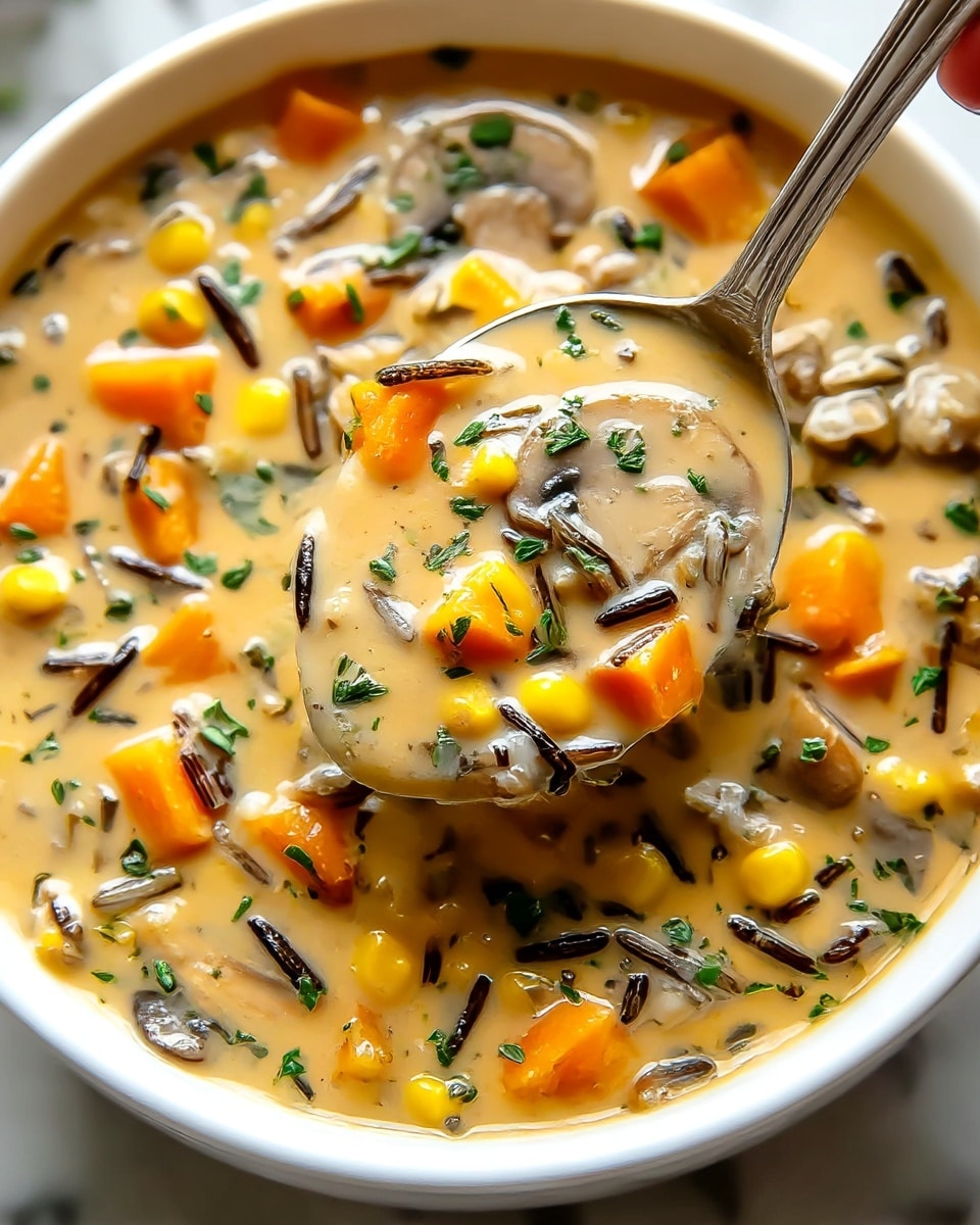 A creamy soup in a white bowl filled with many small pieces of orange carrots, yellow corn, dark wild rice, and light brown mushrooms, all mixed in a thick pale yellow broth, sprinkled with finely chopped green herbs on top. A silver spoon is partly in the soup showing a mix of the ingredients closely, and the bowl sits on a white marbled surface. photo taken with an iphone --ar 4:5 --v 7