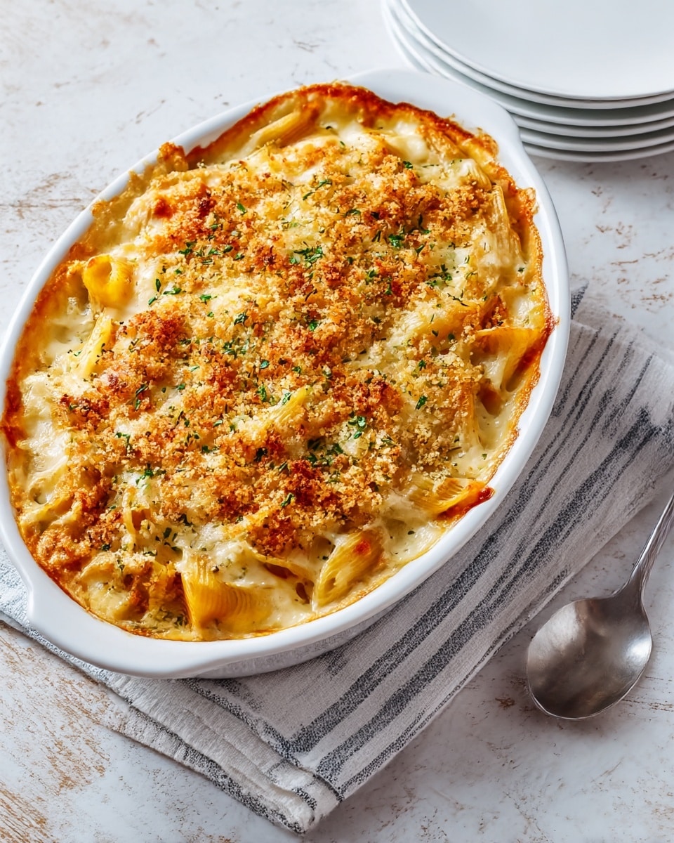 The image shows a baked dish in a white oval ceramic dish set on a white marbled surface. The dish has several layers of sliced orange sweet potatoes, covered with a creamy, light brown sauce with melted cheese. The top layer is sprinkled with golden-brown breadcrumbs and small green herb pieces. The edges of the sweet potatoes are slightly browned, giving a crispy look. Next to the dish is a silver spoon resting on a white napkin with black stripes, and in the background, there is a stack of white plates. The whole scene is bright and inviting, with warm tones from the dish contrasting against the clean white marbled surface. photo taken with an iphone --ar 4:5 --v 7