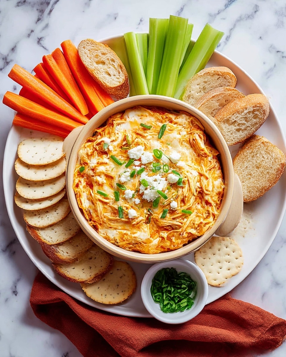 A white round plate holds a beige bowl filled with a three-layer creamy buffalo chicken dip, showing shredded orange chicken mixed with melted white cheese and topped with small green chive pieces and crumbled white cheese in the center. Surrounding the bowl are layers of toasted white baguette slices and light beige crackers arranged in a fan shape, with bright orange carrot sticks and green celery sticks flanking the top side. A small white bowl with chopped chives sits on the plate near the bottom right, with a rust-colored cloth napkin partially under the plate on a white marbled surface. photo taken with an iphone --ar 4:5 --v 7