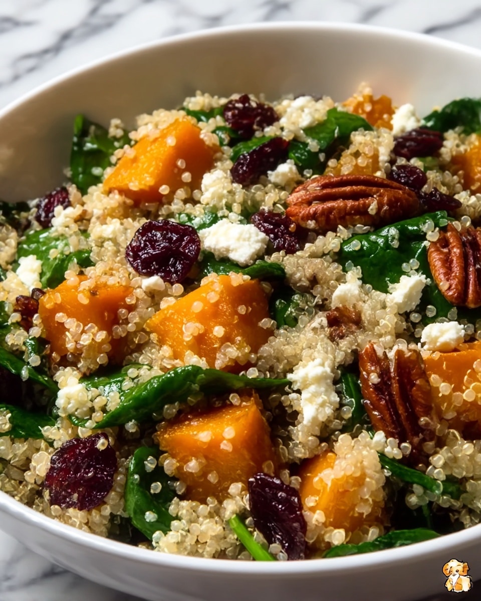 A close-up view of a white bowl filled with a colorful quinoa salad. The first layer is a bed of cooked, small, pale yellow quinoa grains with a slightly transparent texture. Mixed within are bright green leafy spinach pieces, adding fresh color throughout. Large cubes of roasted orange butternut squash with a golden-brown, slightly crispy outside are scattered on top. There are dark red dried cranberries adding pops of color and texture, along with brown, whole pecan halves adding crunch. Small white crumbles of creamy feta cheese are spread evenly over the salad, contrasting with all the other layers. The bowl sits on a white marbled surface. Photo taken with an iphone --ar 4:5 --v 7