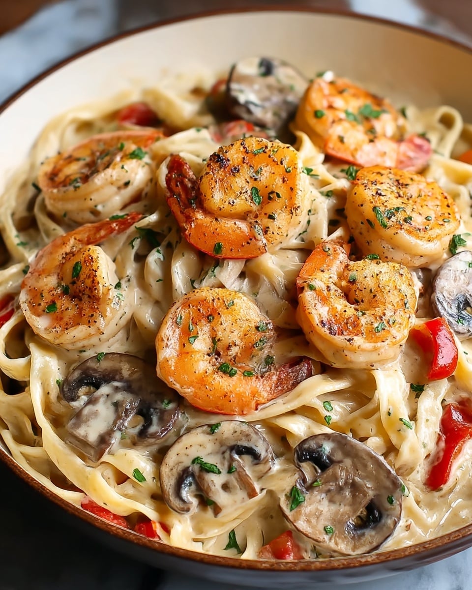 A close-up of a black pan filled with creamy fettuccine pasta as the base layer, light yellow with smooth sauce coating the noodles. On top are golden brown grilled shrimp arranged in a scattered pattern, some slightly curled, showing char marks. Mixed with the shrimp are slices of sautéed mushrooms with a light brown color and glossy texture, along with small pieces of red bell pepper adding bright color spots. The dish is sprinkled with finely chopped green parsley for a fresh touch. The pan is placed on a white marbled surface. photo taken with an iphone --ar 4:5 --v 7