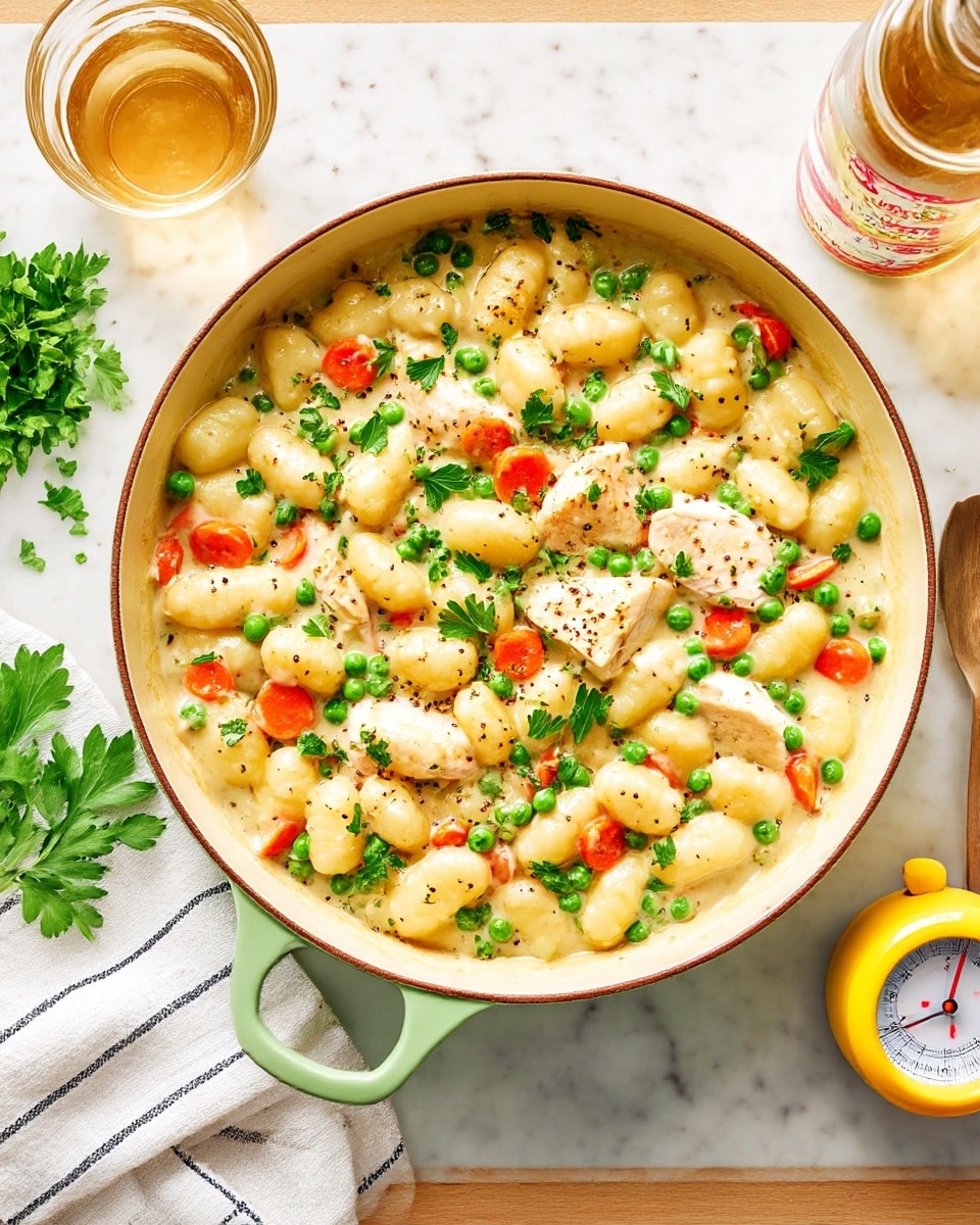 A light green pan filled with a creamy dish showing soft, plump gnocchi in pale yellow, mixed with small bright green peas and thin carrot slices in orange, spread throughout. There are pieces of cooked chicken breast in light beige, slightly browned, placed unevenly on top and mixed in. The dish is sprinkled with coarse black pepper and fresh green parsley leaves scattered on top for color contrast. The pan sits on a white marbled surface with a white towel with black lines on the side, a glass of pale amber liquid, and a yellow kitchen timer nearby. Photo taken with an iphone --ar 4:5 --v 7