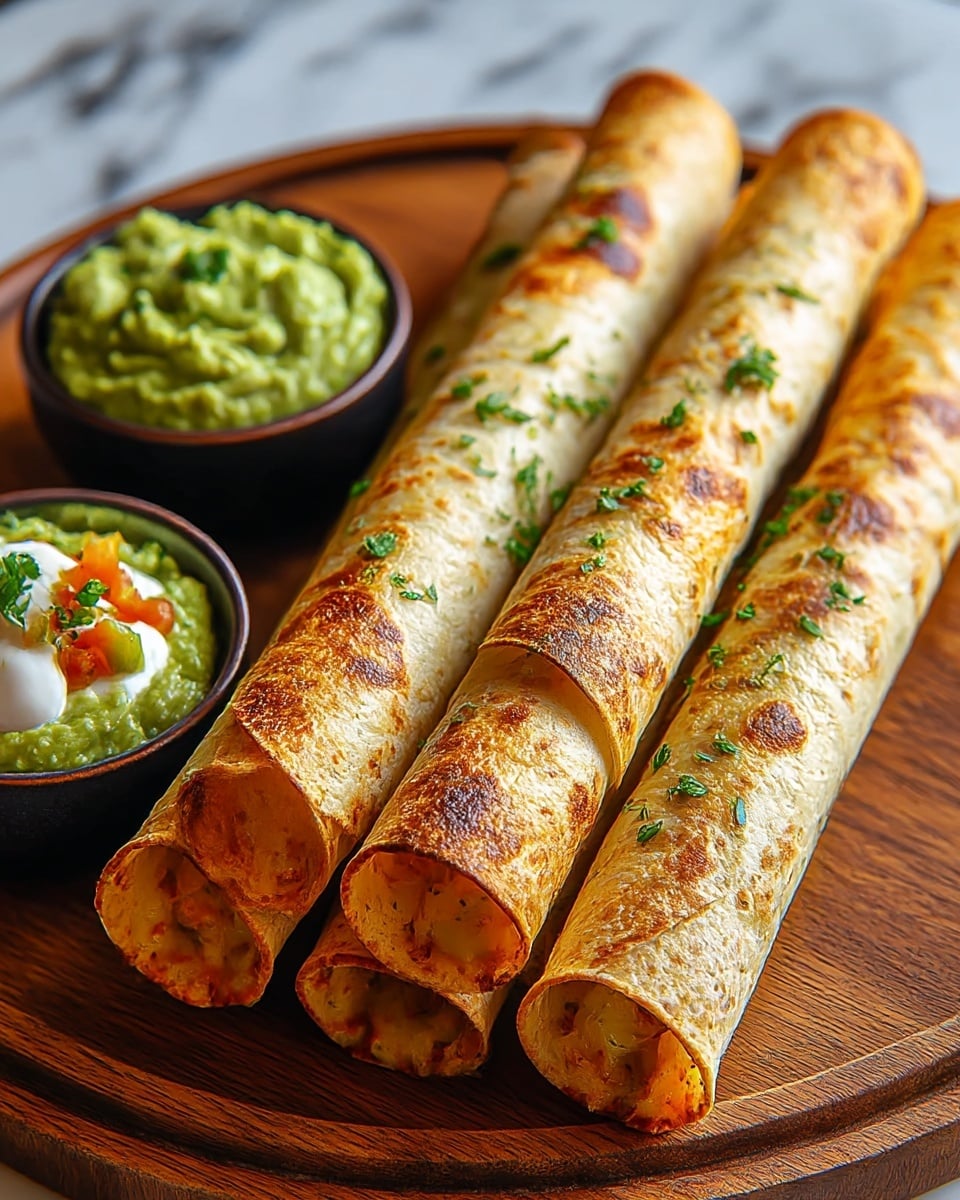 Five rolled, golden-brown taquitos are lined up diagonally on a round wooden board, each taquito topped with small green herb pieces and showing a slightly crispy texture with browned spots. At the front edge of the board, two small dark bowls hold bright green guacamole, one bowl has a bit of white cream and colorful diced vegetables on top, while the other is plain guacamole with a few herb leaves. The background has a smooth white marbled texture. photo taken with an iphone --ar 4:5 --v 7