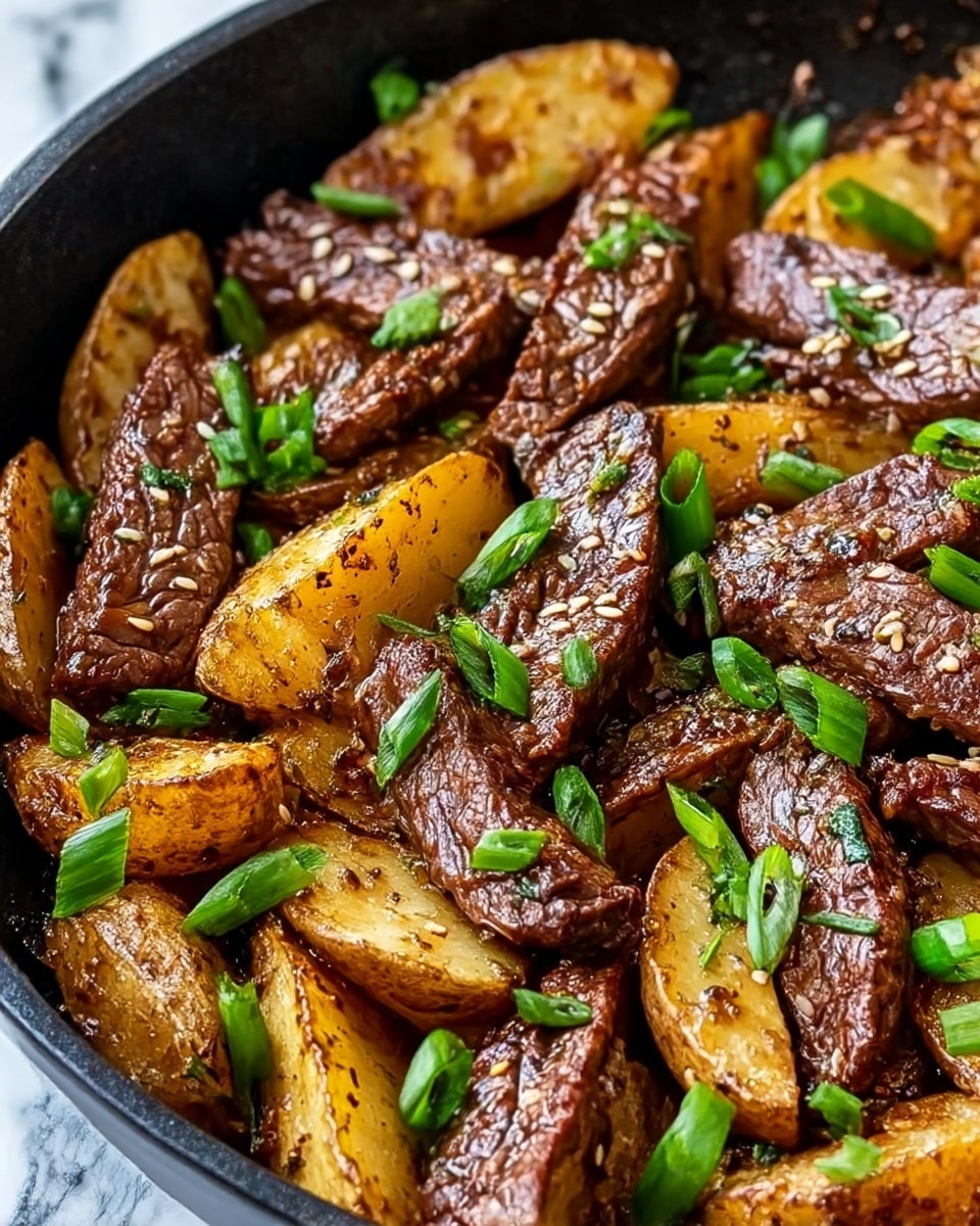 The dish shows several pieces of cooked beef strips, dark brown with a grilled texture and small white seeds on top, mixed with golden brown roasted potato wedges that have a slightly crispy surface. Bright green chopped scallions are sprinkled on the beef and potatoes in a scattered way. The food is placed inside a black pan, and the background is a white marbled texture, visible at the edges. Photo taken with an iphone --ar 4:5 --v 7