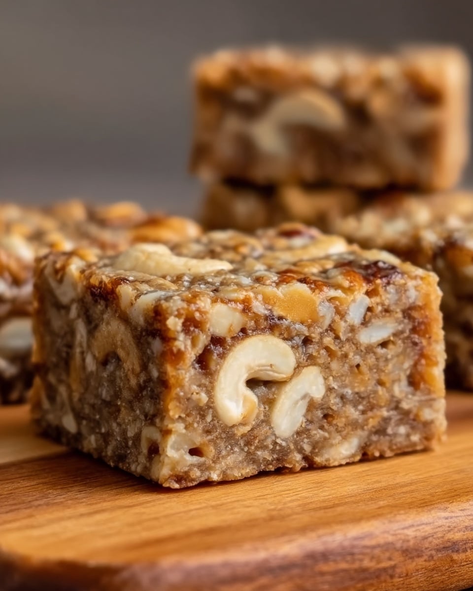 The image shows a close-up of a small square bar with a textured top layer made of chopped nuts and oats, giving a rough and crunchy look. Inside, the bar has a dense, light brown base with visible pieces of white nuts, making it look chewy and packed with ingredients. The bar is placed on a smooth wooden board, with two more bars slightly out of focus in the background. The lighting highlights the textures and colors well, making the bar look fresh and tasty. photo taken with an iphone --ar 4:5 --v 7