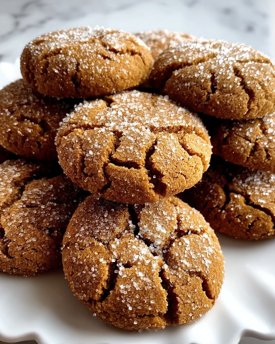A close-up of a stack of round cookies with cracked tops, each cookie a warm brown color and sprinkled generously with white sugar crystals. The cookies have a slightly rough texture with visible cracks and sugar giving a sparkly effect. They are piled on a white plate with a scalloped edge, and the background is a white marbled texture. photo taken with an iphone --ar 4:5 --v 7