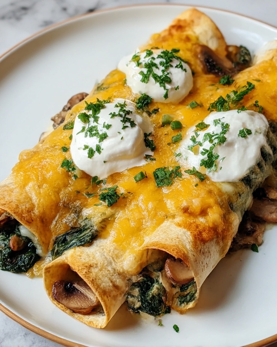 Two rolled tortillas lie side by side on a white plate, each filled with a mix of dark green spinach, light brown mushrooms, and melted white cheese peeking out from the ends. On top, the tortillas are covered with a thick layer of melted golden yellow cheese, scattered with small pieces of green herbs. Two dollops of white sour cream sit on top, garnished with finely chopped green herbs. The plate rests on a white marbled surface. photo taken with an iphone --ar 4:5 --v 7