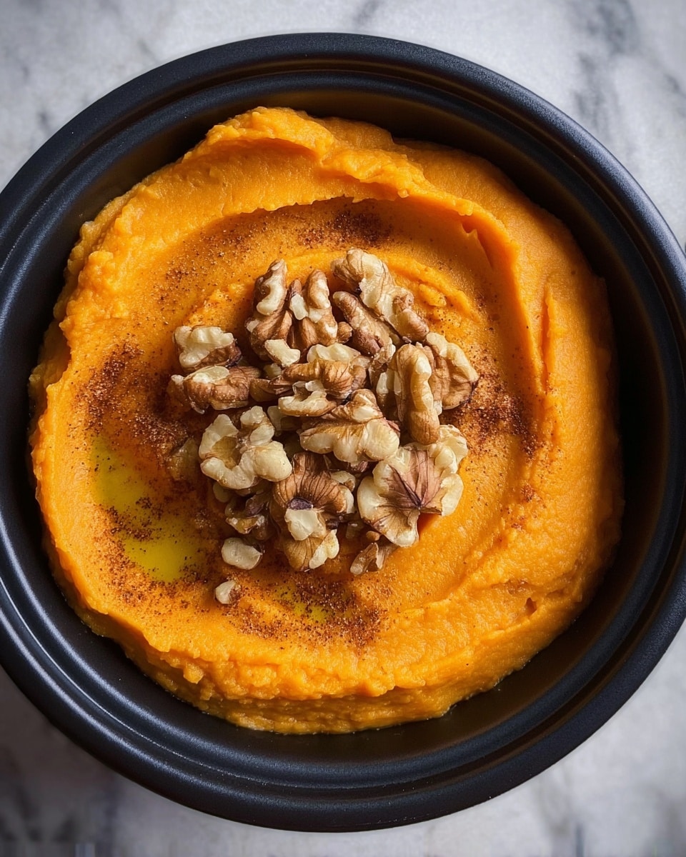 The image shows a bowl containing a smooth, bright orange layer of mashed sweet potatoes with a creamy texture that fills the bowl evenly. In the center, there is a pile of whole walnuts, slightly shiny, placed on top of the sweet potatoes. A few small spots of ground spice, likely cinnamon or nutmeg, are scattered lightly over the sweet potatoes around the walnuts. The bowl itself is black and sits on a surface with a white marbled texture. photo taken with an iphone --ar 4:5 --v 7