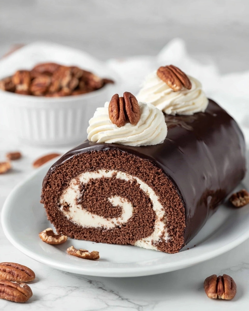 A chocolate roll cake is placed on a white square plate with slight marbled dark streaks. The cake has four visible layers: the outermost layer is a smooth, shiny dark chocolate coating; inside this is a soft, dark brown chocolate sponge rolled around a light cream filling that makes a spiral pattern. On top of the roll, there are two swirled dollops of white whipped cream each topped with a whole pecan nut. In the background, there is a white bowl filled with whole pecan nuts and some pecans are scattered on the white marbled surface behind the plate. photo taken with an iphone --ar 4:5 --v 7