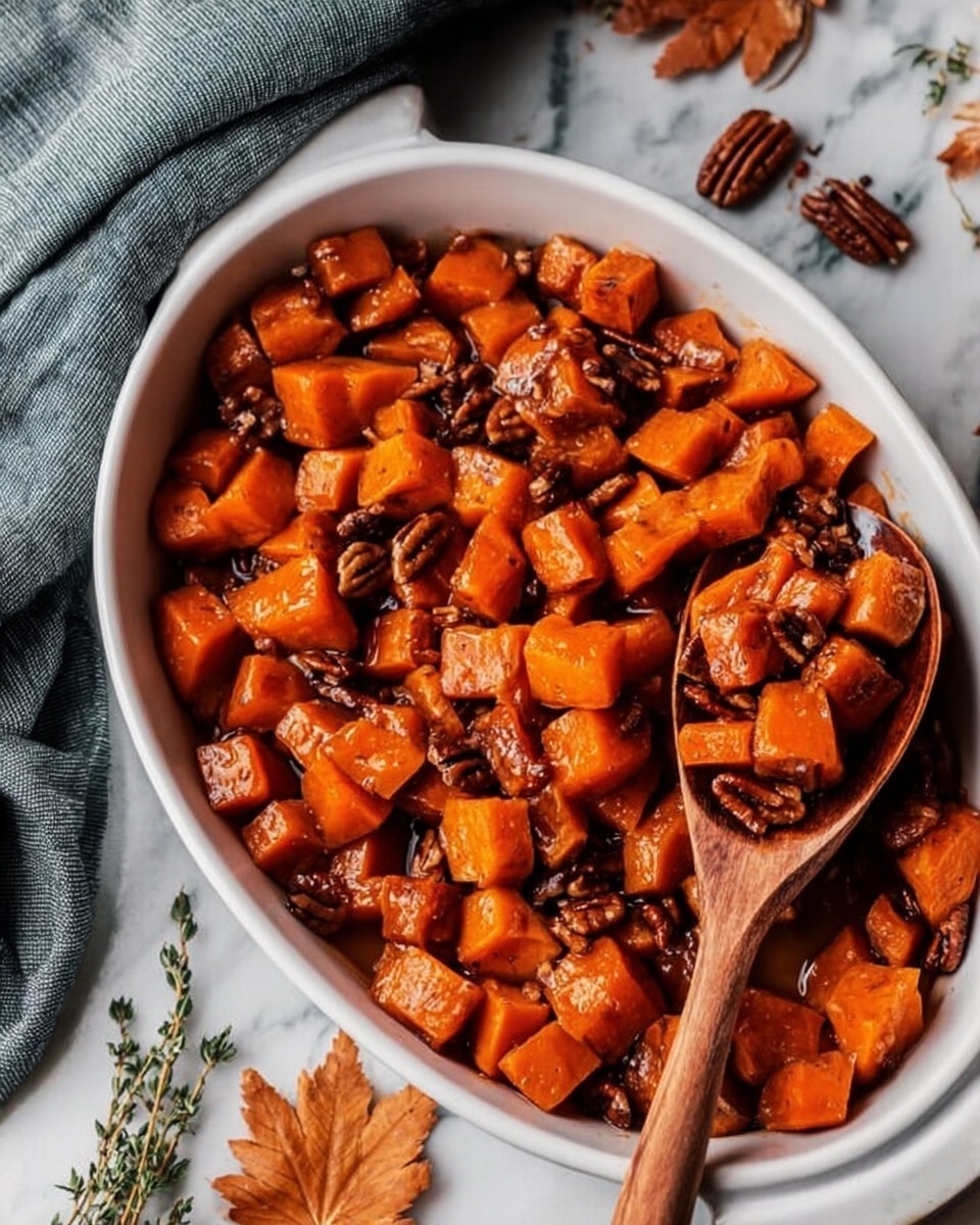 The image shows a white oval dish filled with orange cubed sweet potatoes mixed with dark brown pecans, all coated in a shiny glaze. A wooden spoon rests inside the dish, scooping some of the sweet potatoes and pecans. The dish is placed on a white marbled surface with scattered dried autumn leaves around it. A gray cloth napkin is partially visible to the left side of the dish. The colors are warm and rich, highlighting the glossy texture of the sweet potatoes and nuts. Photo taken with an iphone --ar 4:5 --v 7