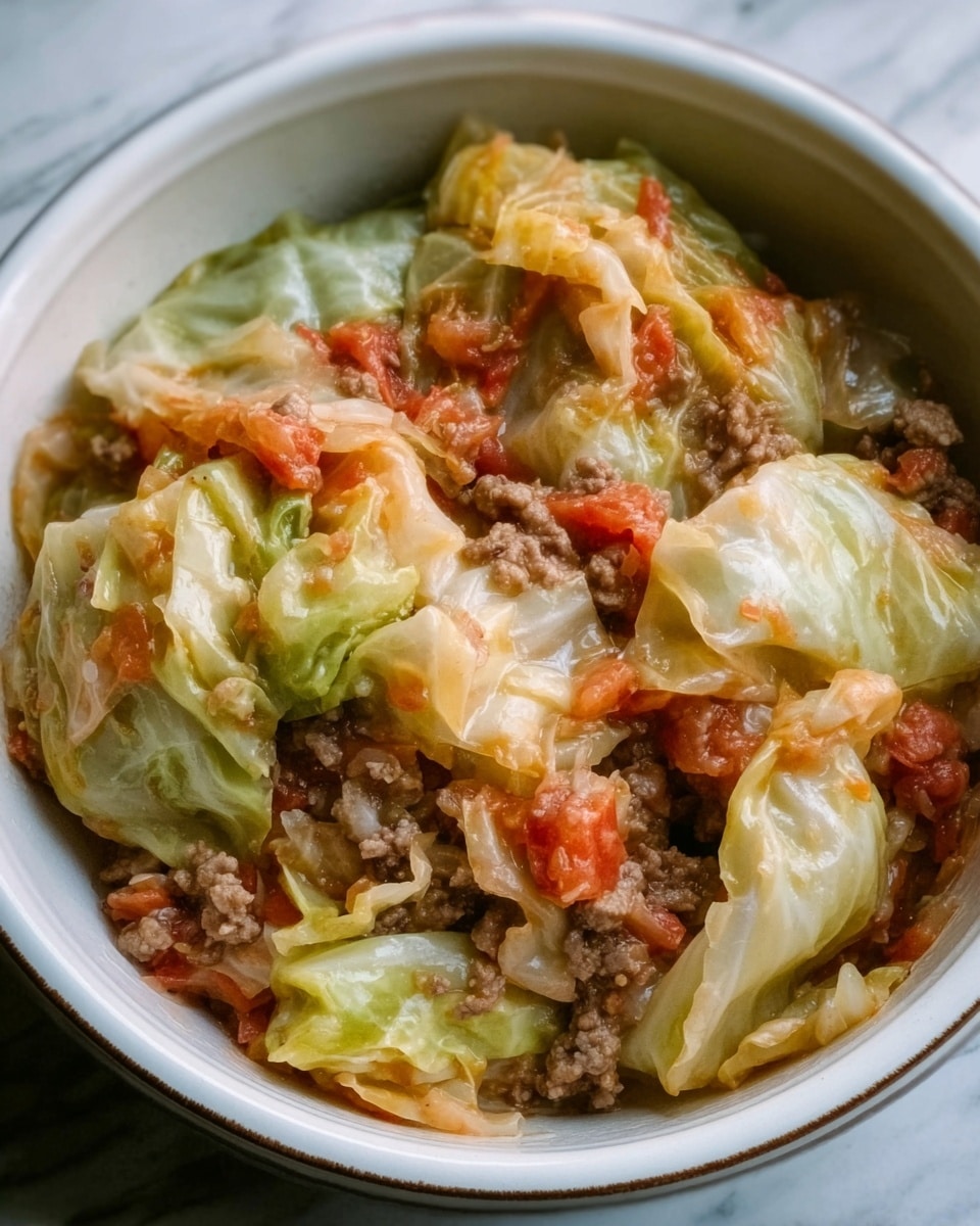 A close-up view of a white bowl filled with a layered dish made of cooked cabbage leaves and ground meat mixed with small pieces of diced tomatoes and onions. The cabbage leaves are soft and pale green with some crunchy texture, covering most of the dish. The ground meat is brown, spread evenly throughout the bowl, and mixed with bits of slightly orange tomatoes and translucent onions. The dish looks juicy and hot, with some liquid visible at the bottom. The white marbled surface underneath adds a clean contrast to the colorful food. Photo taken with an iphone --ar 4:5 --v 7