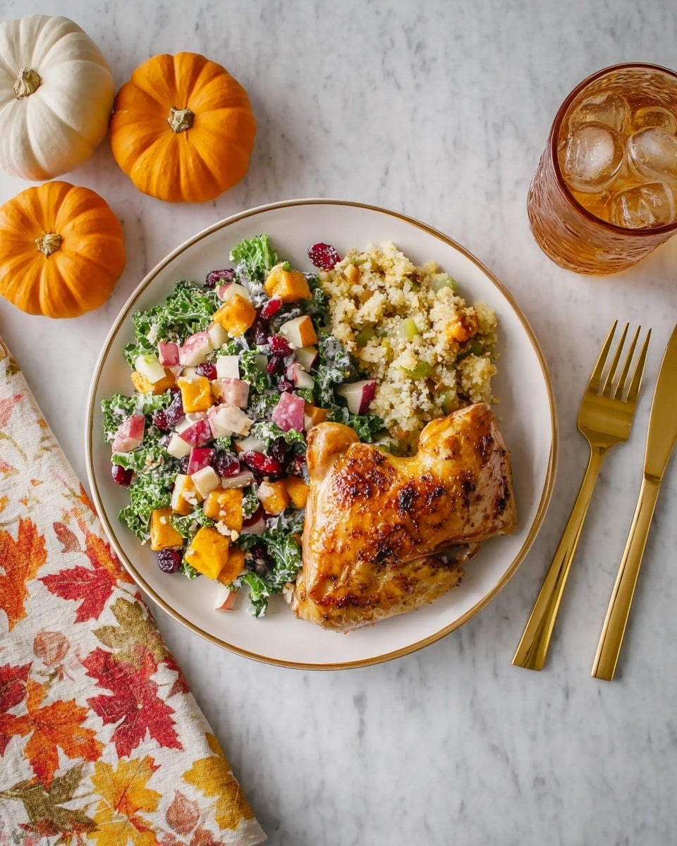 A white plate with a thin gold rim holds a roasted golden-brown chicken resting on top of a colorful salad. The salad underneath has layers of dark green kale, bright orange roasted pumpkin cubes, red apple chunks, white dressing drizzled over, and scattered dried red cranberries and green pumpkin seeds. Next to the chicken and salad is a serving of pale yellow seasoned cauliflower mixed with small bits of red apple. The plate is on a white marbled textured surface with a white and orange autumn leaf patterned napkin to the right holding a gold fork and knife. Above the plate is an amber-colored glass filled with ice, and on the left side are three pumpkin decorations in white with gold stems and one orange pumpkin. photo taken with an iphone --ar 4:5 --v 7