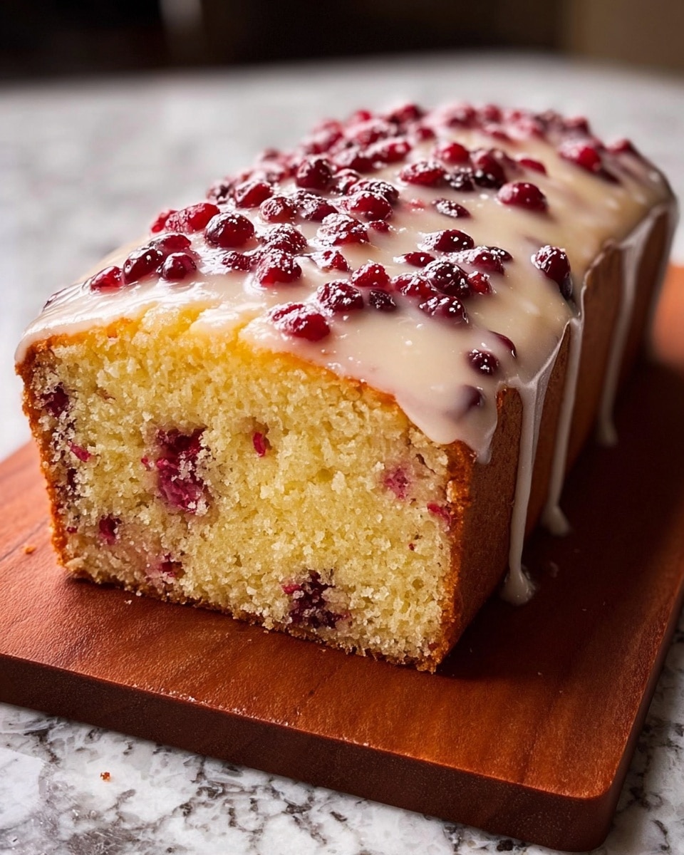 A loaf cake with two visible layers: the bottom layer is a light yellow crumb cake mixed with small red berry pieces, and the top layer is covered with a shiny white glaze that drips down the sides, dotted with whole red berries. The cake sits on a brown cutting board on a white marbled surface. The texture of the cake looks soft and moist, with the glaze smooth and glossy, contrasting with the roughness of the berries and crumb. Photo taken with an iphone --ar 4:5 --v 7