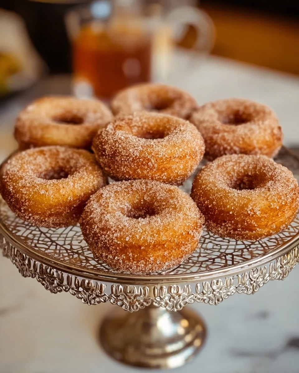 Seven brown sugar-coated donuts are arranged closely together on a white plate with an intricate black floral metal design, placed on a white marbled surface. Each donut has a textured, slightly crispy exterior with sparkling sugar grains evenly covering the surface, and a distinct round shape with a hollow center. The background is softly blurred, showing faint yellow shapes, giving a warm, cozy feel. photo taken with an iphone --ar 4:5 --v 7