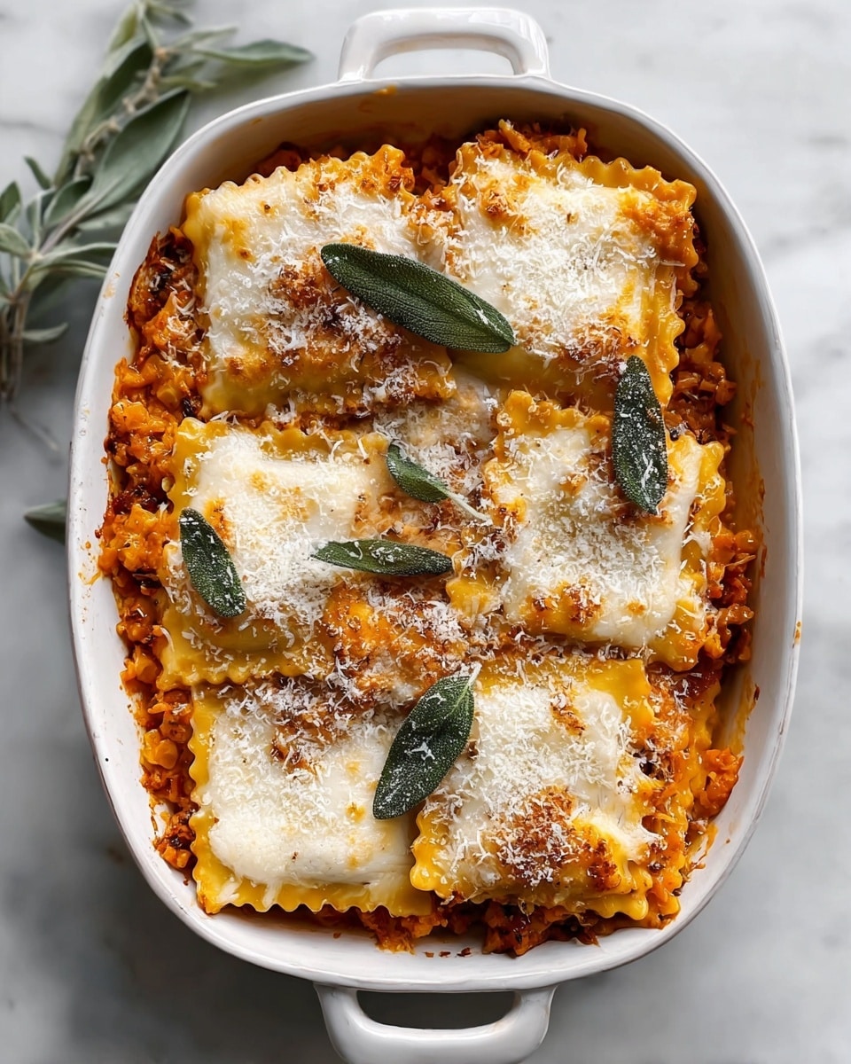 A white oval baking dish filled with six large rolled lasagna pieces arranged in two rows of three. Each roll has a bright orange layer of filling visible between the pasta, topped with a generous layer of melted, golden-brown cheese with some browned spots. Finely grated white cheese is sprinkled on top, adding texture and contrast. Three green sage leaves are placed evenly on top of the cheese layer, giving a fresh touch. The dish is set on a white marbled surface with soft natural lighting. photo taken with an iphone --ar 4:5 --v 7