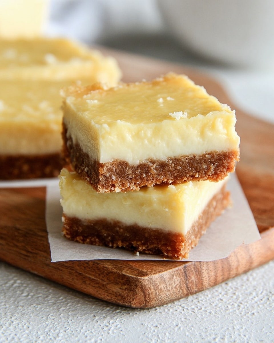 The image shows a close-up of two square dessert bars stacked on a wooden board placed on a white marbled textured surface. Each bar has two layers: the bottom layer is a thick, crumbly brown crust, and the top layer is a smooth, creamy pale yellow filling with a slightly glossy and uneven texture. A piece of parchment paper is placed between the two bars, adding a light tan thin layer visually separating them. The background has a soft, out-of-focus white bowl, adding depth to the scene. photo taken with an iphone --ar 4:5 --v 7
