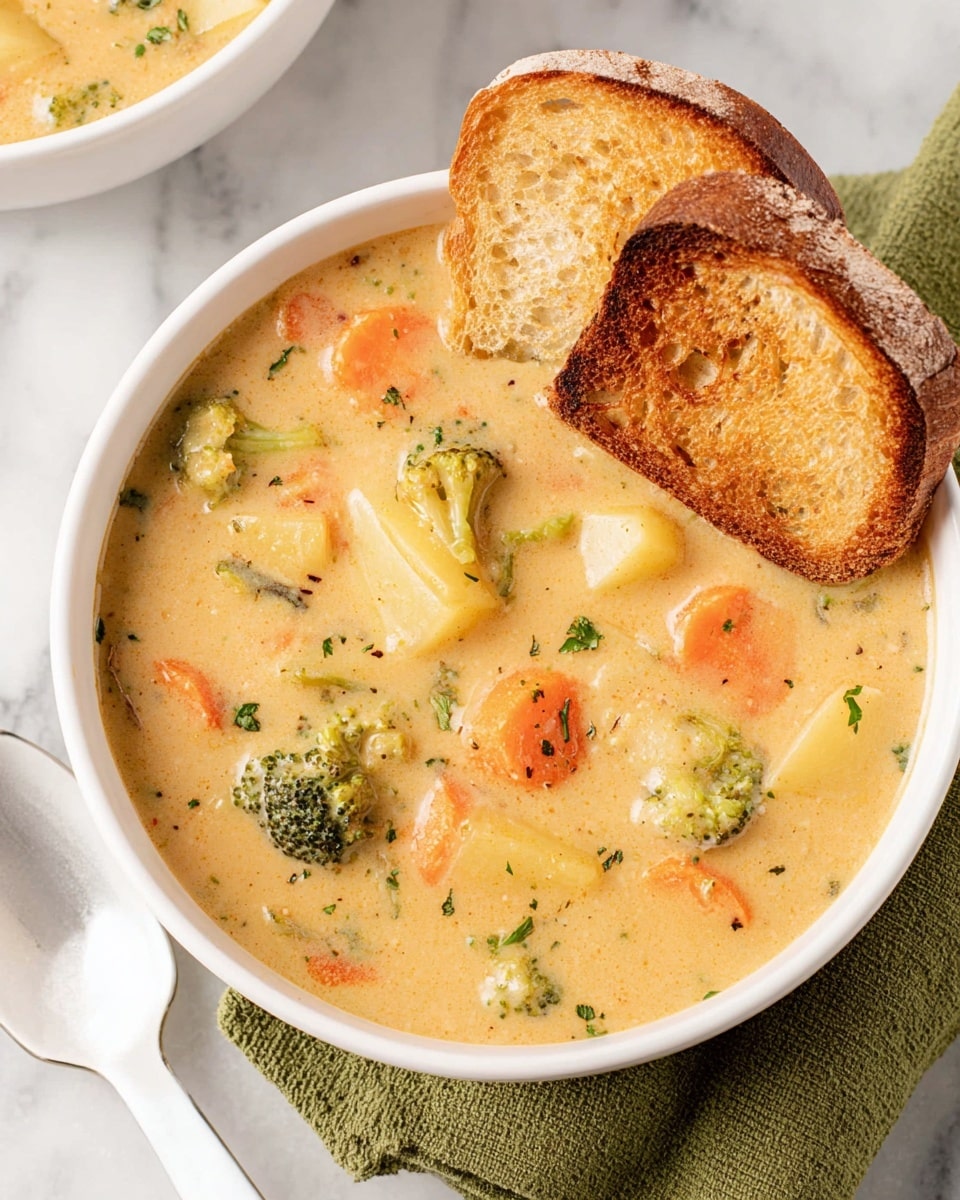 A white bowl filled with creamy soup containing visible chunks of orange carrots, green broccoli, and light yellow potatoes, creating a colorful mix in the thick beige broth. Two slices of toasted bread with a golden crust rest partially dipped on the soup’s right side. The bowl is placed on a white marbled surface with a green cloth napkin underneath and a white spoon to the left. Photo taken with an iphone --ar 4:5 --v 7