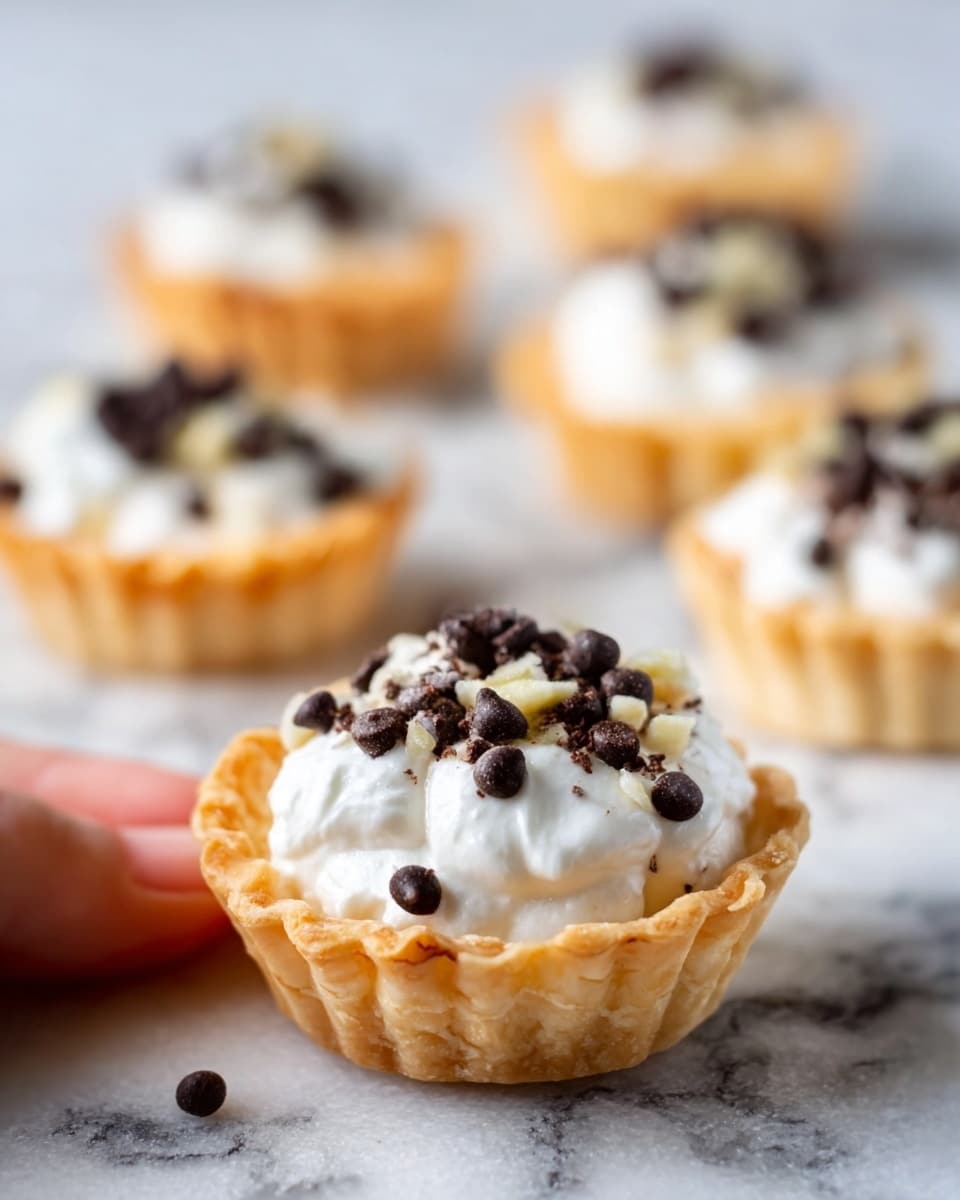 The image shows small tartlets placed on a white marbled surface. Each tartlet has a golden, flaky crust forming the base and sides. Inside, there is a thick layer of white cream filling, smooth and slightly glossy. On top of the cream, there are scattered small dark chocolate chips, giving texture and contrast. In the background, more tartlets share the same layers and toppings, slightly blurred. A woman's hand gently holds one tartlet in the foreground, focusing attention on its detailed layers. Photo taken with an iphone --ar 4:5 --v 7