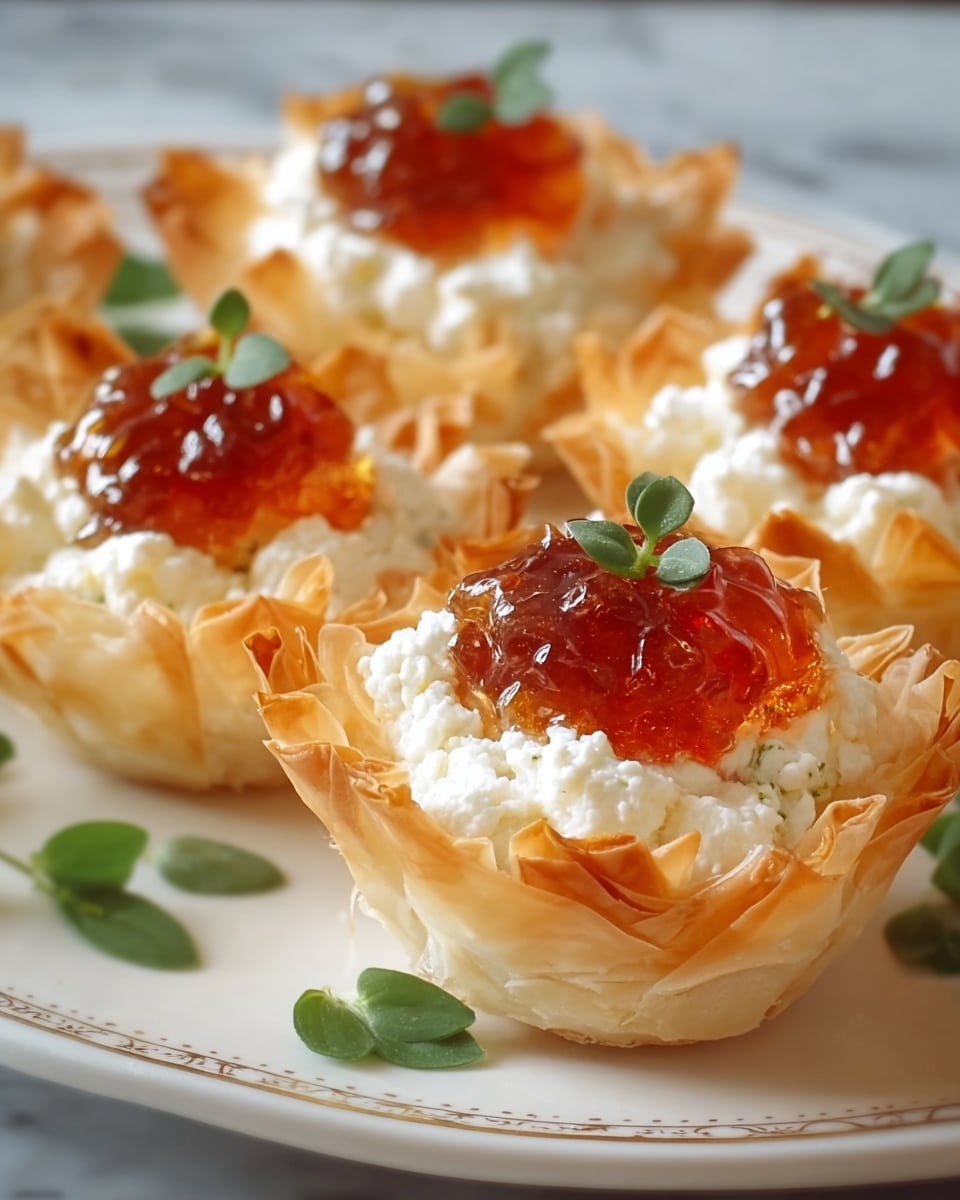 The image shows several small tartlets arranged on a white plate with subtle decorative edges, placed on a white marbled background. Each tartlet has three distinct layers: the bottom layer is a light golden, flaky, crispy phyllo dough shell with ruffled edges; the middle layer is a soft, white creamy cheese filling with a slightly grainy texture; the top layer is a shiny, rich, reddish-orange jelly or jam dollop that looks thick and glossy, crowned with a small sprig of green herb. A few scattered green herb leaves decorate the plate around the tartlets, adding a fresh touch to the composition. Photo taken with an iphone --ar 4:5 --v 7