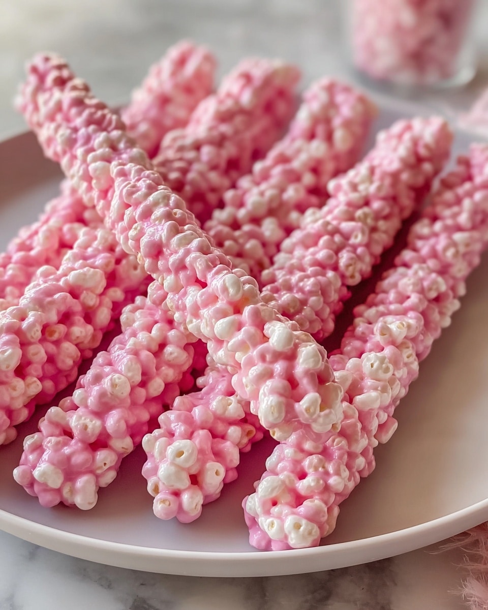 The image shows several sticks covered in a pink, glossy coating with white puffed rice pieces embedded in it. The sticks are laid side by side on a white plate with a subtle shine, placed on a white marbled surface. The pink coating is thick and smooth, with small clusters of the white puffed rice creating a bumpy texture all around the sticks. The sticks are close together, filling the plate almost entirely, and the background is softly blurred, keeping the focus on the detailed texture of the pink and white treat. photo taken with an iphone --ar 4:5 --v 7