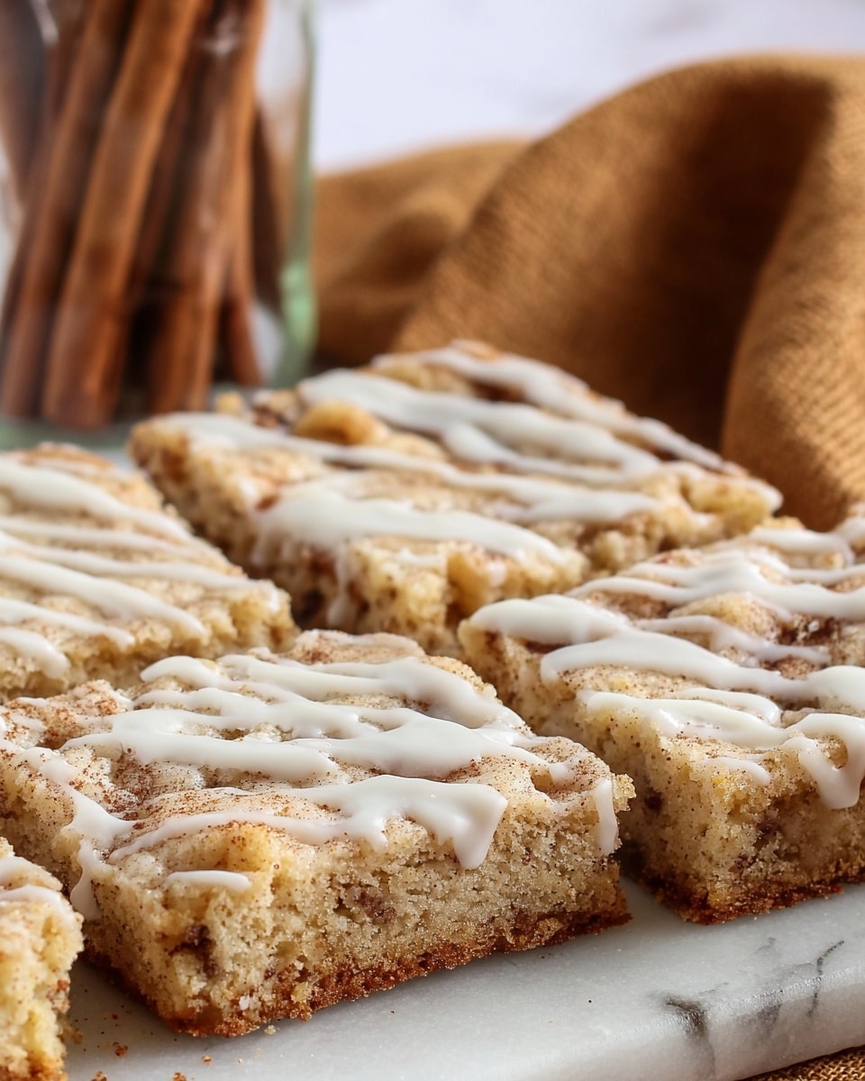 A close-up view of four pieces of a square dessert bar cut from a larger tray, placed on a white marbled surface. The dessert has one visible layer of a golden-brown baked crust with a crumbled texture. On top, there is a white glaze drizzled unevenly across the surface, giving a slightly shiny and smooth look with some areas thicker than others. The edges of the bars show a slightly raised crust with a crumbly texture. In the background, a clear glass jar filled with cinnamon sticks and a brown textured cloth add a warm, cozy feeling to the scene. Photo taken with an iphone --ar 4:5 --v 7