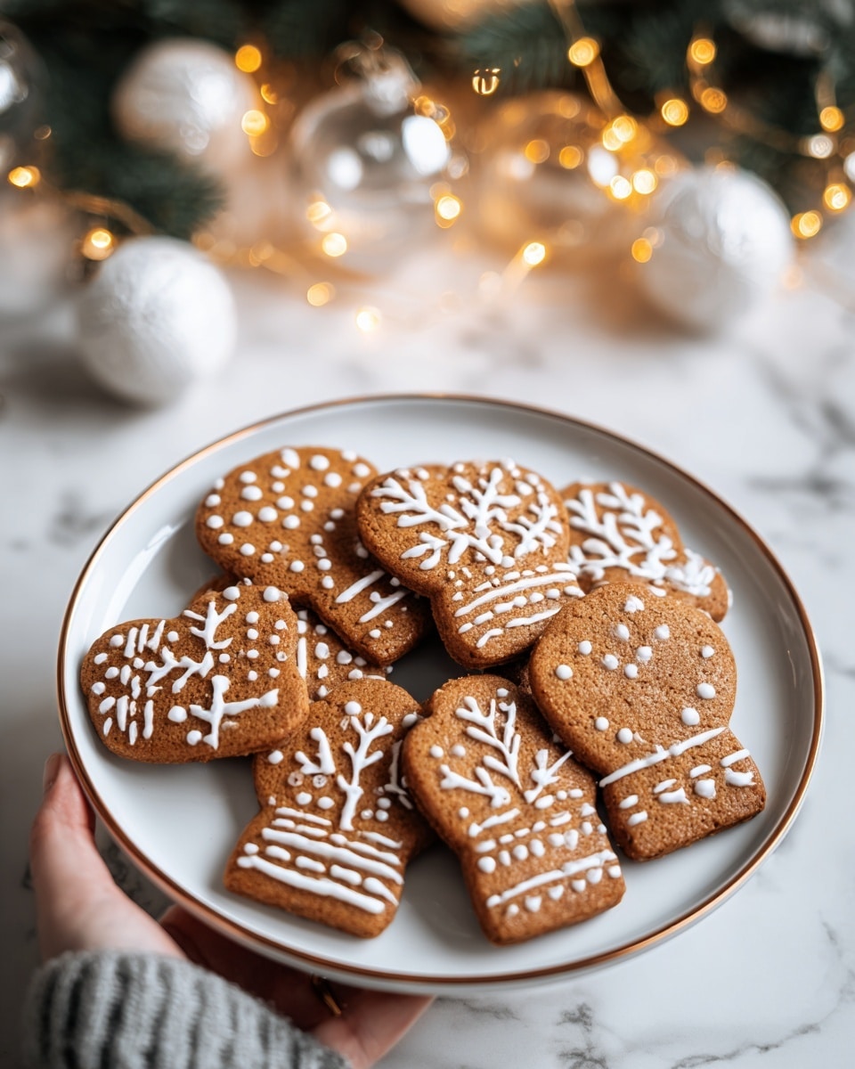A white plate with a brown rim holds about ten brown gingerbread cookies shaped like mittens and hearts. Each cookie is decorated with simple white icing patterns including dots, lines, and small branches, giving a festive feel. The plate sits on a white marbled surface. In the blurry background, there are out-of-focus white and clear Christmas ornaments on the left and yellow fairy lights with some green pine branches on the right, creating a warm holiday mood. photo taken with an iphone --ar 4:5 --v 7