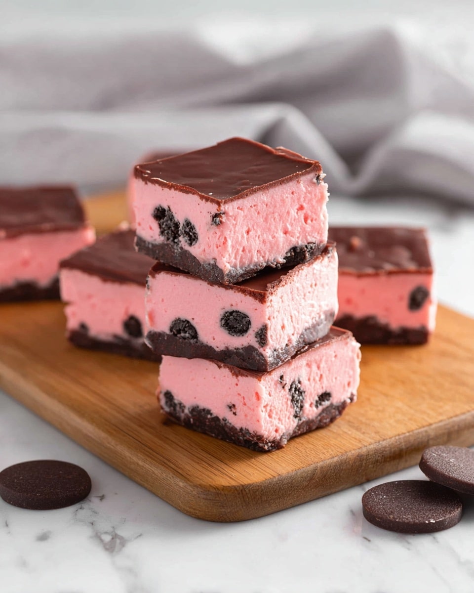 The image shows four square pieces of a dessert stacked on a small wooden board. Each piece has two layers: a thick, smooth pink layer with visible black cookie chunks embedded inside, and a thinner, glossy dark chocolate layer on top. The pink layer looks creamy and slightly textured, while the dark chocolate layer is shiny and smooth. The wooden board is placed on a white marbled surface, with two dark chocolate discs placed near the front. The background is softly blurred with a light gray cloth in the upper part of the image. photo taken with an iphone --ar 4:5 --v 7