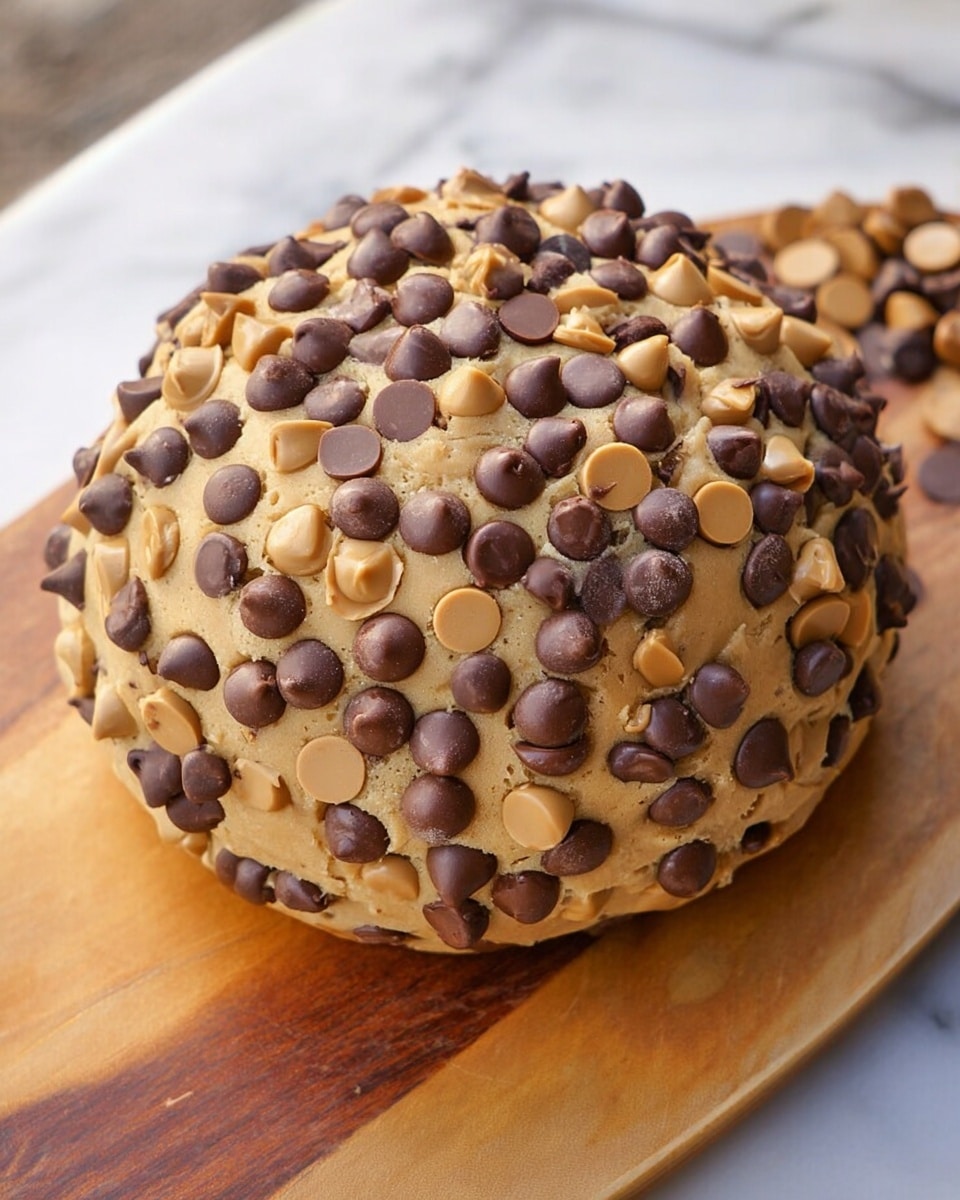 A round, thick ball of cookie dough covered fully with two types of chocolate chips—milk chocolate and peanut butter chocolate—randomly spread all over its tan, textured surface. The dough ball sits on a smooth, wooden board, and behind it is a white marbled surface with soft, warm lighting. Photo taken with an iphone --ar 4:5 --v 7