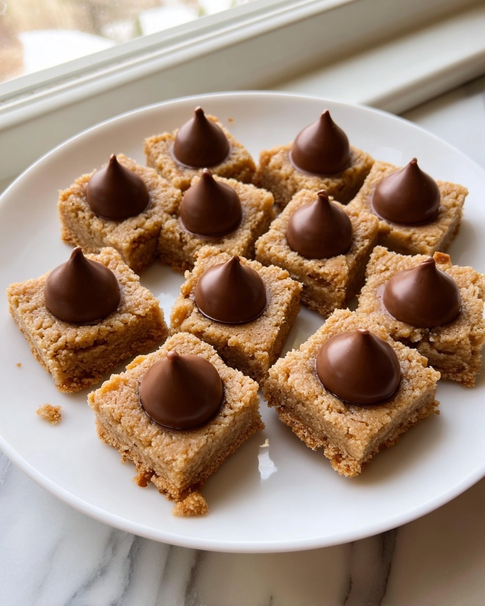 Nine square cookie bars are placed on a white plate, each having one thick layer of light brown, slightly crumbly cookie dough as the base. In the center of each square is a single dark brown, glossy chocolate kiss, sitting slightly raised and smooth with a distinctive pointed tip. The cookie squares have rough edges and some crumbs are visible on the plate. The white plate rests on a white marbled surface near a window with bright natural light. photo taken with an iphone --ar 4:5 --v 7