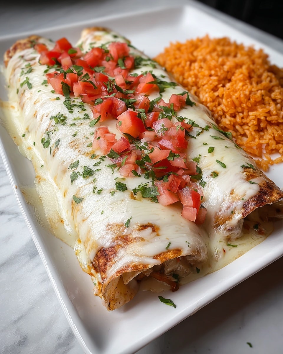 Two rolled enchiladas lie side by side on a white rectangular plate with melted white cheese covering them completely, melting down the sides. The cheese is smooth and glossy with diced bright red tomatoes and finely chopped green herbs sprinkled on top. Below the cheese, hints of a light brown tortilla are visible, with some red sauce peeking through. To the back right of the plate, there is a serving of orange Mexican rice, with a slightly glossy texture indicating it is moist. The plate rests on a white marbled surface. photo taken with an iphone --ar 4:5 --v 7