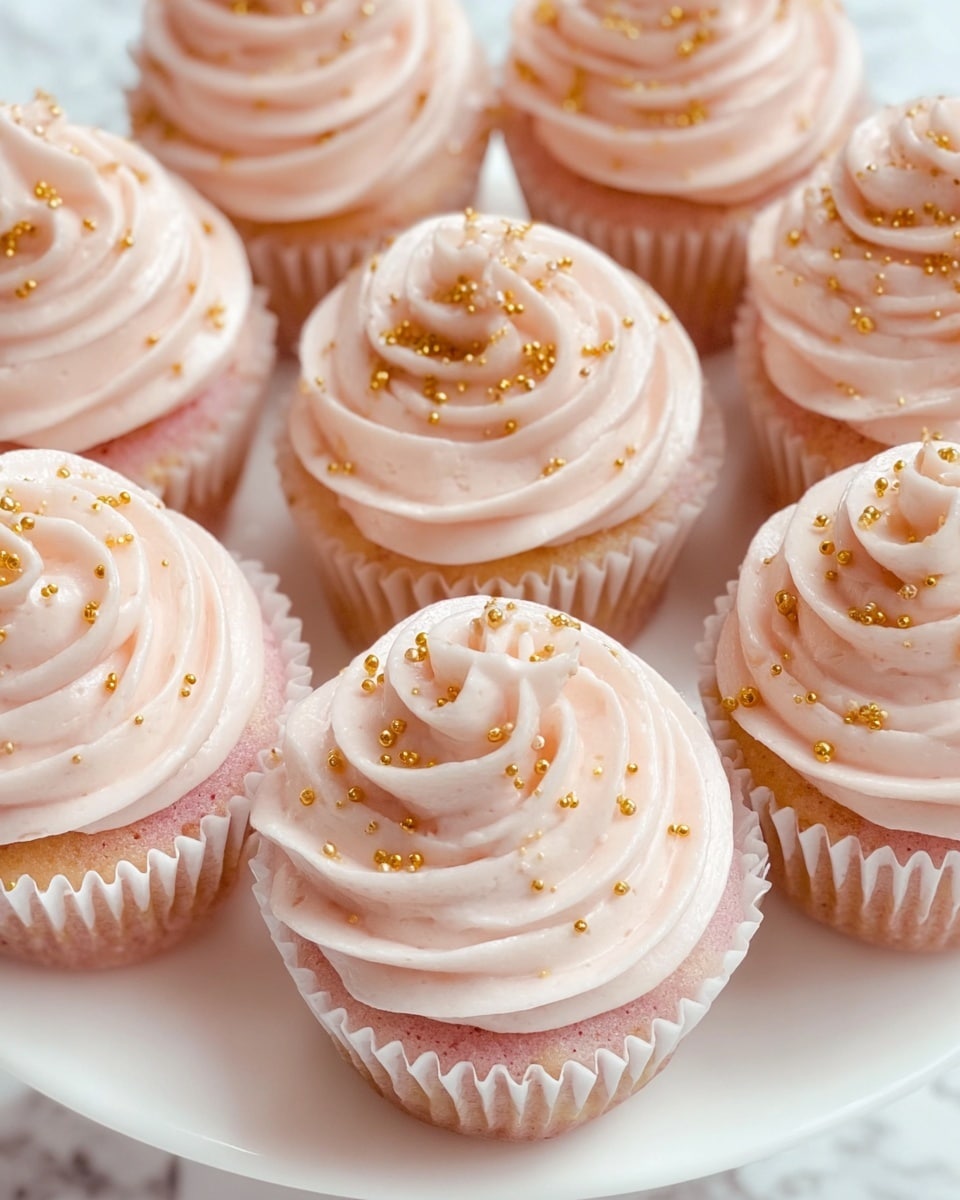 The image shows a group of light pink cupcakes arranged close together on a white plate. Each cupcake has two visible layers: the bottom cake layer is soft and slightly textured with a pale pink color, and the top is a thick swirl of smooth, creamy light pink frosting that rises in a spiral shape. The frosting is decorated with small, shiny golden sugar sprinkles scattered evenly over the top. All cupcakes are wrapped in white paper liners with ridged edges. The background is a white marbled texture. photo taken with an iphone --ar 4:5 --v 7