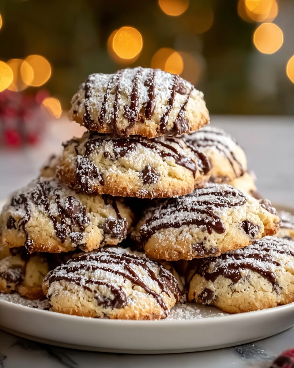 A white plate holds a stack of soft, golden-brown cookies studded with dark chocolate chips. Each cookie is topped with a light dusting of powdered sugar and thin, zigzagging lines of rich chocolate drizzle, giving a textured and inviting look. The cookies are piled in a pyramid shape, showing their slightly cracked, crumbly surface with a mix of smooth chocolate and fluffy dough. The background is softly blurred with warm lights, and the whole scene sits on a white marbled textured surface. photo taken with an iphone --ar 4:5 --v 7