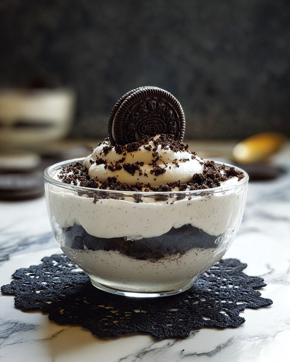 A clear glass bowl holds a three-layer dessert placed on a dark lace doily over a white marbled surface. The bottom layer is smooth, white cream, topped by a middle crumbly dark chocolate cookie layer. Above this is a thick layer of white whipped cream sprinkled with dark chocolate sprinkles spread around the edge. A whole dark chocolate sandwich cookie stands upright in the center of the whipped cream layer. The background is softly blurred with a dark tone. photo taken with an iphone --ar 4:5 --v 7