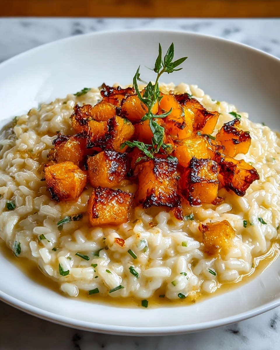 A white plate holds a creamy risotto base with a light yellow color and a soft, shiny texture, speckled with small green herbs mixed throughout. On top, there is a layer of caramelized, golden-brown roasted pumpkin pieces with crisped edges, giving a rich amber shine. The dish is garnished with finely chopped fresh green herbs and a sprig of leafy thyme placed on top for decoration. The background features a white marbled texture. photo taken with an iphone --ar 4:5 --v 7