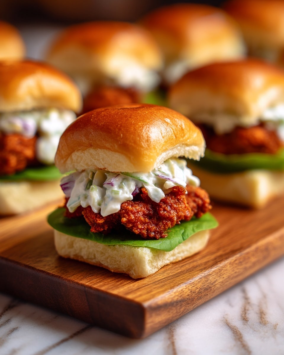 The image shows several small sandwiches neatly laid on a wooden cutting board with a white marbled surface beneath. Each sandwich has a soft, shiny golden-brown top bun, followed by a layer of creamy white sauce mixed with thinly sliced vegetables. Below this is a thick piece of crispy, fried chicken with a rich, spicy red color and crunchy texture. At the bottom, there is a fresh green leaf sitting on the soft, light, and fluffy bottom bun. The sandwiches are arranged in a way that one is in clear focus at the center, and the others blur softly in the background. photo taken with an iphone --ar 4:5 --v 7