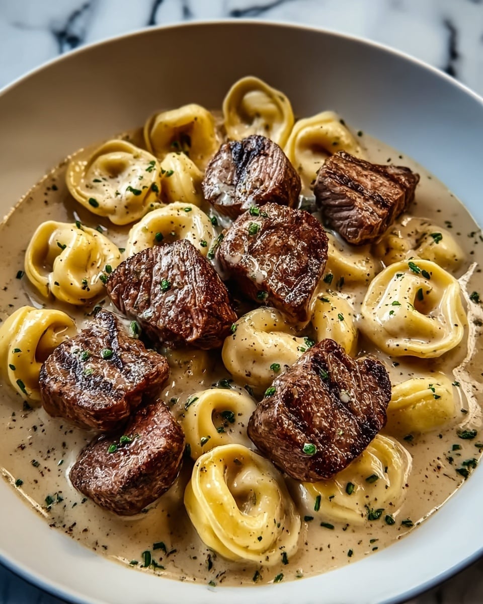 A white shallow bowl filled with a creamy light beige sauce as the base, with round, golden-yellow tortellini arranged evenly inside the sauce. On top of the tortellini lie several thick, juicy pieces of brown grilled steak with clear char marks, covered partially with the creamy sauce. The dish is sprinkled with small green herb bits, adding a fresh contrast to the warm colors. The background is a white marbled surface. photo taken with an iphone --ar 4:5 --v 7