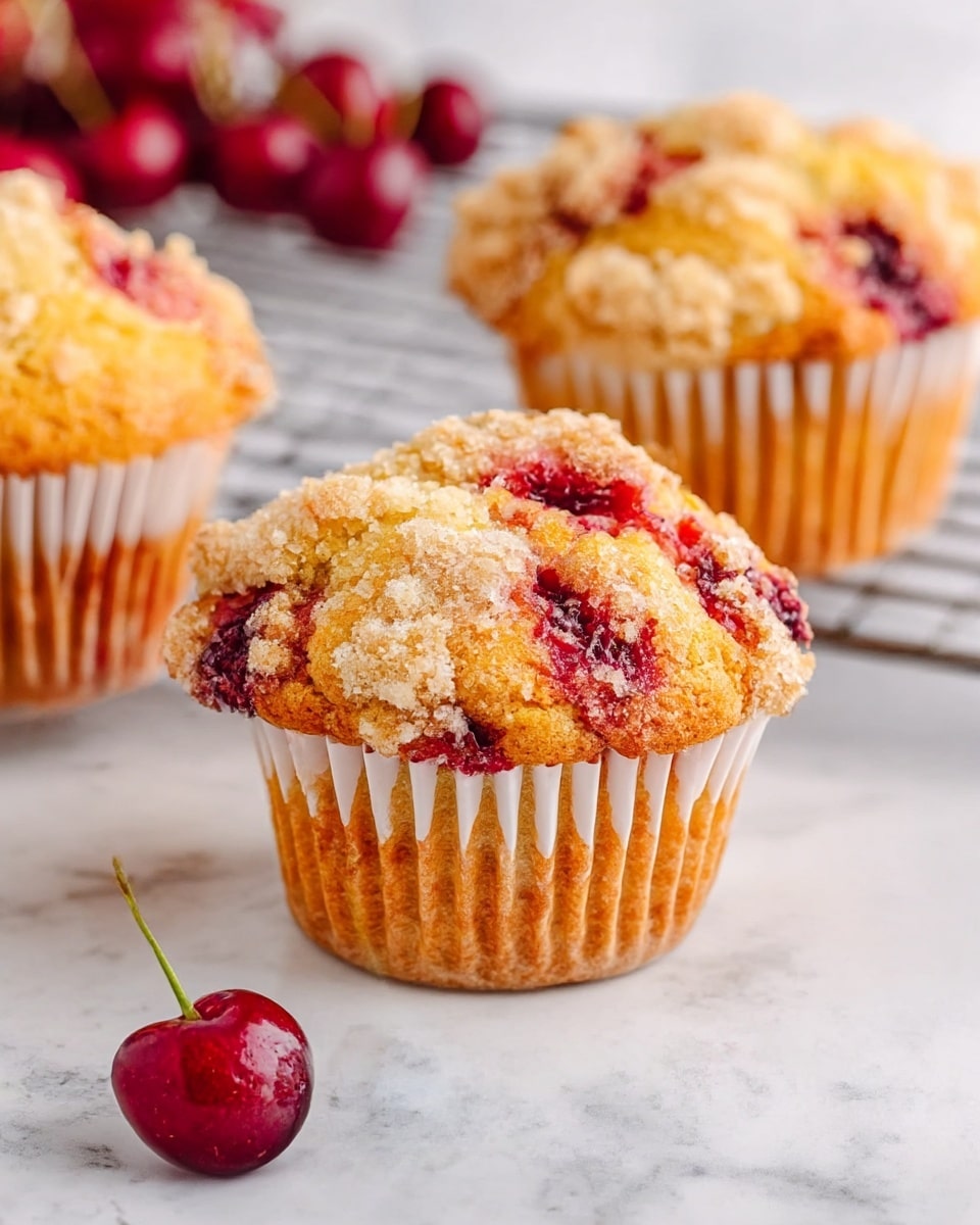 The image shows three cherry muffins on a white plate set on a white marbled surface. Each muffin has a golden-brown crumbly top with a rough texture, dotted with visible dark red cherry pieces peeking through. The muffin base is light golden with vertical ridges from the white paper liners that wrap around it. In front of the muffins, there are two shiny, deep red cherries with green stems resting on the plate. In the background, slightly blurred, there are more cherries adding a rich red color contrast. The photo taken with an iphone --ar 4:5 --v 7