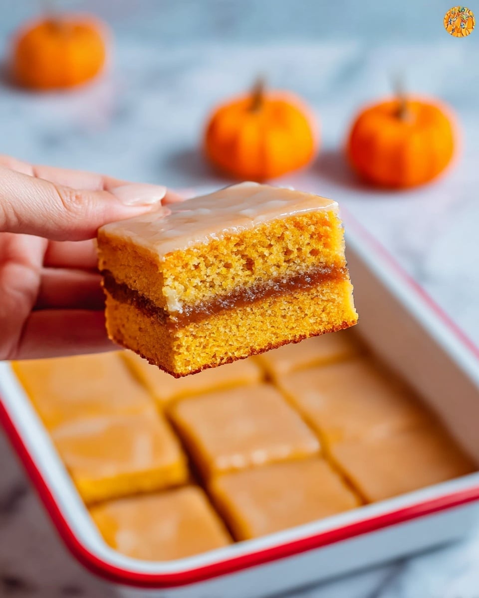 A woman's hand holds a square piece of cake with three visible layers: a thick bright orange sponge layer at the bottom, a thin darker brown layer in the middle that looks like a filling, and a thin, shiny, light beige glaze on top. The cake piece is raised above a white pan with a red rim, showing many similar square pieces still inside. In the blurred background, two small bright orange pumpkins are visible on a white marbled surface. Photo taken with an iphone --ar 4:5 --v 7