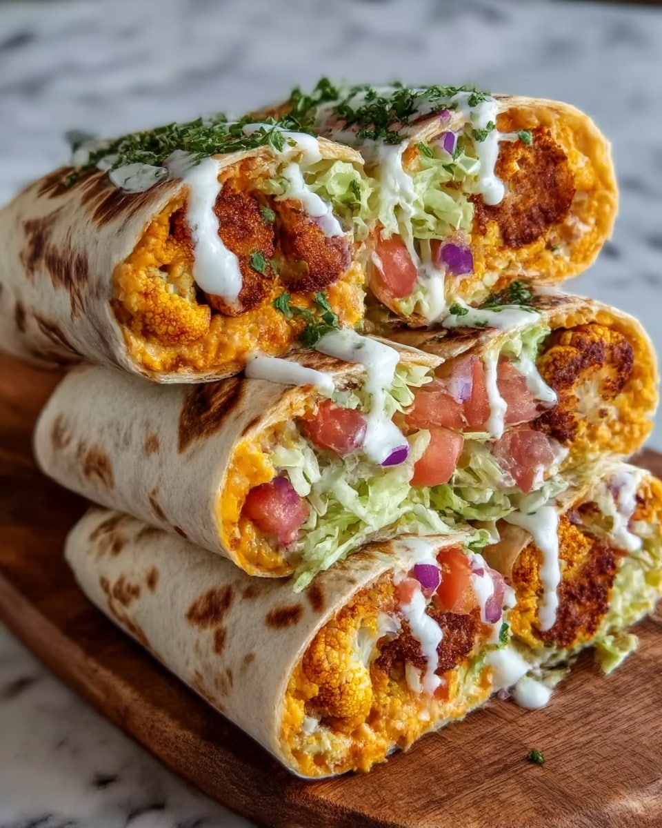 The image shows four closely stacked burritos cut in half, revealing layers inside. Each burrito is wrapped in a soft, light-brown tortilla. Inside, a bright orange layer of spiced chicken or meat is visible, topped with shredded pale green lettuce, white sour cream drizzled across the top, small chunks of red tomato, and bits of purple onion. Fresh green cilantro leaves are sprinkled over the top. The burritos rest on a wooden board, and the background is a white marbled surface. photo taken with an iphone --ar 4:5 --v 7